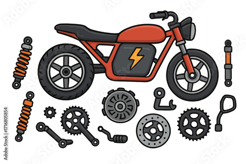 Electric motorcycle and spare parts set for assembly and repair. Vector illustration of e-bike with components like battery, wheels, shocks, gears. Transport technology concept.