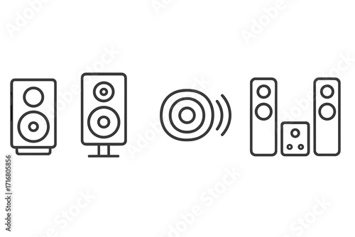 Speaker icon set for modern audio systems. Minimalist linear vector illustration collection. Sound equipment for music and home theater. Stereo, subwoofer, and woofer symbols.