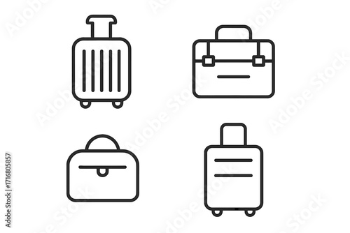 Minimalist linear suitcase icons set for travel and organization. Vector luggage symbols for vacation, business trip, and journey. Baggage, briefcase, and handbag collection.