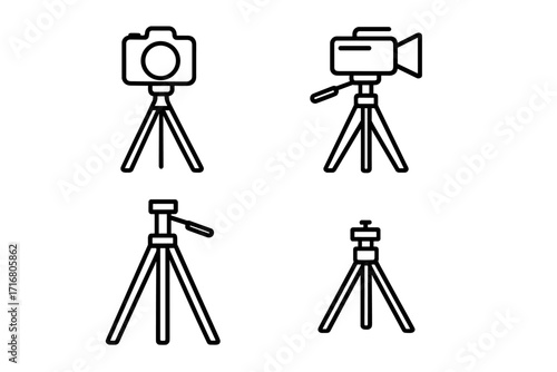 Minimalist linear tripod icons set for photography and videography. Vector line art illustration of camera and camcorder on stand. Professional filmmaker and photographer gear.