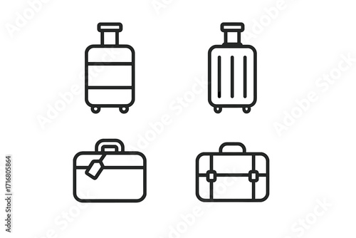 Travel luggage icon set. Minimalist linear suitcase, briefcase, and baggage symbols. Vector illustration for tourism, vacation, and business trip concepts. Outline graphic element.