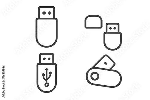 Minimalist linear USB stick icon set. Vector collection of flash drive symbols for technology projects. Outline pictograms for data storage, memory, and digital transfer concepts.