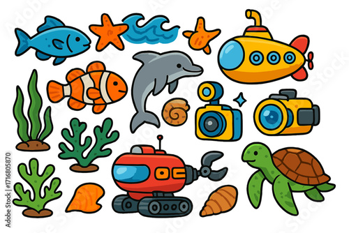 Colorful cartoon vector set of marine life and ocean exploration technology. Underwater research elements like submarine, ROV, camera, dolphin, fish, and turtle.