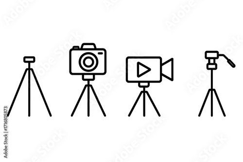 Photography and videography line icon set. Minimalist vector symbols of camera and camcorder on a tripod. Professional film and photo studio equipment outline pictograms.