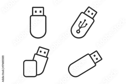 Minimalist linear USB stick icon set. Vector flash drive collection for technology and design projects. Outline memory storage gadget symbols. Portable data device pictogram.