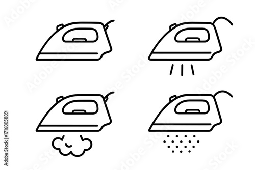 Iron vector icon collection. Linear outline drawing of domestic ironing equipment. Household appliance with steam, heat, and water spray functions. Laundry service symbol.