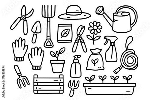 Gardening tools doodle set. Vector hand drawn line art illustration collection of horticulture equipment for planting, farming, plant care. Outline clipart icons for garden work.