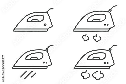 Set of minimalist iron icons with steam. Outline vector illustration of household appliance for laundry and ironing. Linear style graphic for home care and cleaning service.