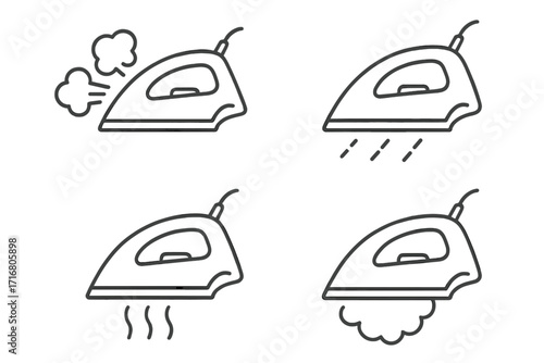 Iron icon set with steam and water spray modes. Laundry appliance linear pictogram collection. Household electric iron outline symbols. Housework and clothing care vector.