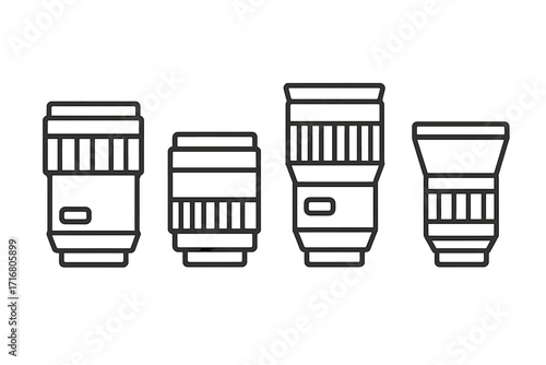Camera lens icon set in a minimalist outline style. Vector illustration of various photography objectives. Prime lens, zoom lens, telephoto. Professional photo equipment symbols.