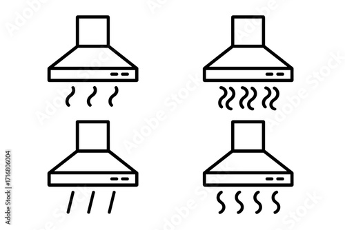 Kitchen exhaust fan icon set. Line art vector illustration of a range hood with steam and smoke variations. Cooking ventilation appliance symbol. Extractor hood graphic.