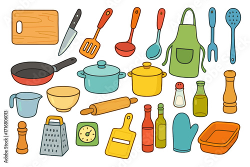Vector set of kitchen utensils and cooking tools. Colorful cartoon icons for home meal preparation, culinary activities, food design elements, and recipe illustration.