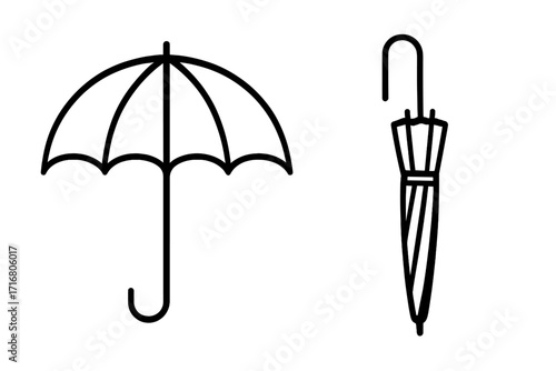 Vector set of linear umbrella icons, showing open and closed positions. Minimalist black line art for weather concepts. Symbol for rain, protection, storm, and autumn season.