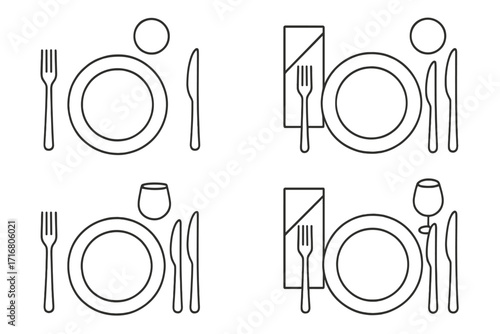 Place setting etiquette guide icon set. Vector line art of dining table layouts with plate, cutlery, and glass. Minimalist restaurant dinner service illustration.