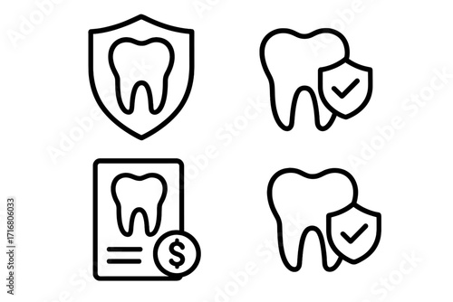 Dental insurance vector icon set. Tooth protection and healthcare concept. Medical bill and cost symbols. Dentistry shield sign for web, apps, and graphic design.