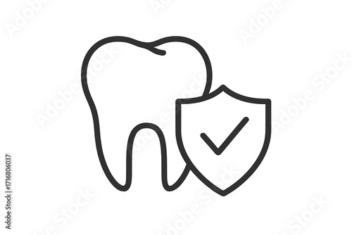 Dental protection icon. Tooth insurance concept with shield and checkmark. Oral care and hygiene symbol. Healthy tooth sign. Dentistry, stomatology vector line illustration.