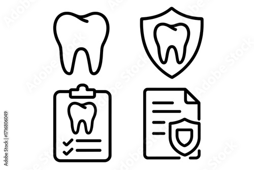Dental insurance icon set. Tooth protection shield, dentist medical record, health care policy. Stomatology and oral hygiene symbols. Vector outline graphic for web design.