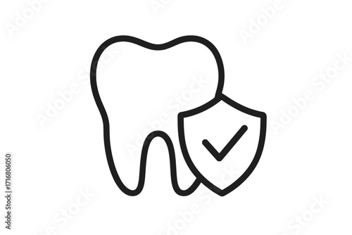Tooth protection icon with shield and checkmark. Dental care and insurance concept. Healthy tooth approved sign. Stomatology, dentistry, and oral hygiene vector line art.