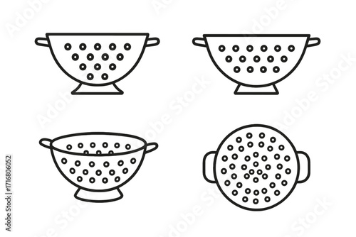 Collection of colander line icons. Kitchen strainer vector set for washing food and draining pasta. Minimalist kitchenware illustration from different views. Cooking utensil.