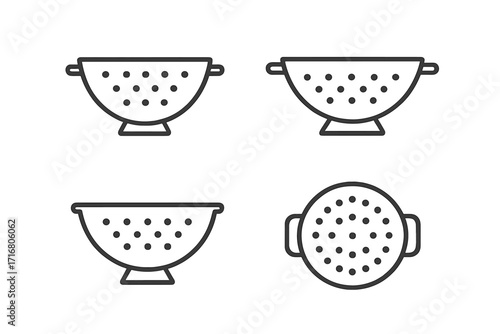 Colander and strainer simple line icon set. Kitchen utensil collection for draining and washing food. Minimalist vector illustration of cookware from different angles.