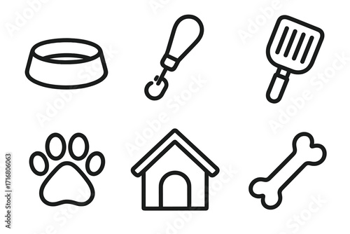 Pet care icon set. Dog and cat accessories collection. Bowl, leash, scoop, paw print, kennel, bone. Simple line art vector illustration for web, app, and print design.