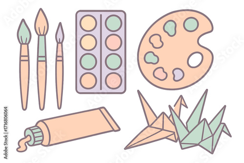 Art supplies set in pastel colors. Vector illustration with paintbrushes, watercolor palette, paint tube, and origami paper cranes. Creative hobby and craft concept.