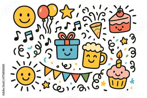 Cute doodle celebration elements set. Cartoon vector pack with happy party icons like cake, gift, balloons, and sun. Joyful hand-drawn stickers for birthday and holiday.