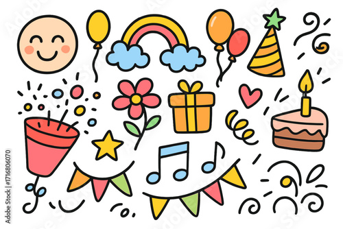 Playful doodle art set with joyful elements of happiness and celebration. Cute cartoon vector illustration pack for a birthday party. Includes cake, gift, balloon, and rainbow icons.