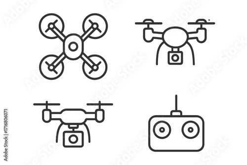 Minimalist drone icon set in linear style. Quadcopter with camera and remote controller. UAV technology and gadget pictograms. Vector illustration for aerial photography and video.