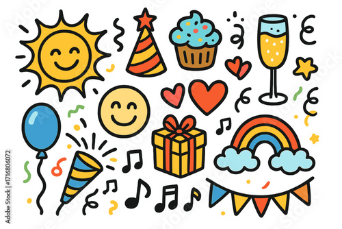 Happy doodle icon set for party and celebration. Big collection of birthday elements like gift, cake, balloon, rainbow, and sun. Joyful hand drawn vector cartoon illustration.