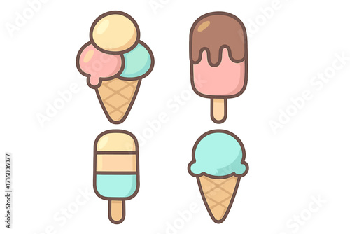 Cute ice cream icon set. Playful cartoon collection of summer desserts in pastel colors. Vector illustration of popsicles and scoop cones for food design and web graphics.