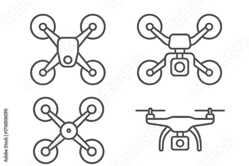 Drone icon set in minimalist linear style. Quadcopter with camera vector outline illustration for technology, gadgets, and aerial photography. Unmanned aerial vehicle (UAV) symbols.