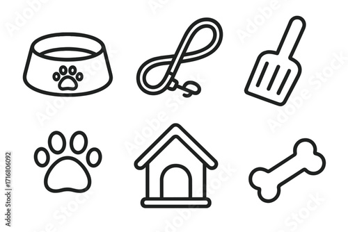 Pet care line icon set. Dog accessories collection. Simple outline vector symbols like food bowl, leash, poop scoop, paw print, kennel and bone. Minimalist graphic elements for pet shop.