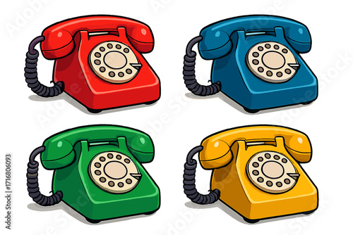 Set of retro rotary telephones in vibrant colors. Collection of classic vintage phones with old design. Communication concept. Vector cartoon 3d illustration isolated on white.