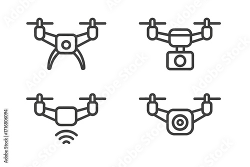Drone icon set. Quadcopter vector logo collection. Linear outline style. UAV technology pictogram. Aerial camera and video surveillance symbol. Remote control flight gadget sign.