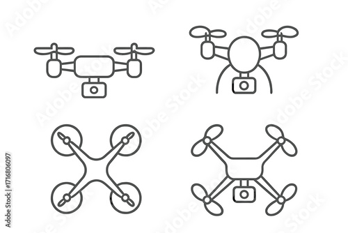 Minimalist drone icon set in a simple linear style. Quadcopter with camera, unmanned aerial vehicle pictogram collection for technology and gadget themes. Vector for delivery.