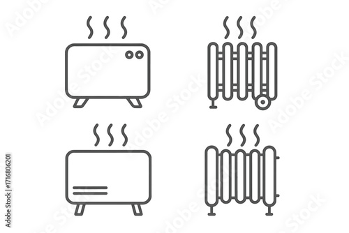 Heater and radiator minimalist line icon set. Home heating equipment symbols. Electric portable heater, central heating radiator vector outline illustration for graphic design.
