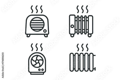 Heater and radiator line icon set. Home heating, climate control concept. Electric portable fan heater, oil radiator, convector pictogram. Warmth and winter symbols.