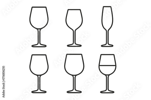 Set of wine glass line art icons. Minimalist vector illustration of different glassware types. Collection for red, white wine, champagne. Bar menu, party celebration concept.