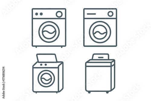 Washing machine line icon set. Laundry and home appliance symbols. Minimalist linear washer icons for household equipment concepts. Vector illustration pictogram collection.