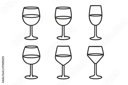 Set of six minimalist wine glass line art designs. Vector icon collection for bar menu, winery, or restaurant. Simple pictogram outline of glassware for red and white wine tasting.