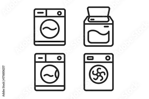 Vector icon set of washing machines and dryers. Minimalist linear style for home appliance and laundry concepts. Clean wash symbols. Front and top load washer pictograms.