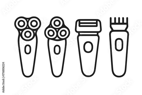 Set of electric shaver and trimmer line icons. Vector collection of different razor types, including rotary and foil shavers. Male grooming, hygiene, and beard care symbols.