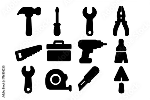 Silhouette icon set of essential construction and repair tools. Vector collection of work equipment symbols for building, carpentry and diy projects. Hammer, drill, saw.