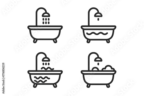 Bathtub and shower linear icon set. Minimalist vector illustration for bathroom, hygiene, and cleaning concepts. Icons show water, foam, and washing stages. Clean design.
