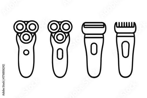 Set of electric shaver line icons. Male grooming tools collection. Rotary and foil shaver, beard trimmer, hair clipper vector symbols. Personal care, hygiene, beauty concept.