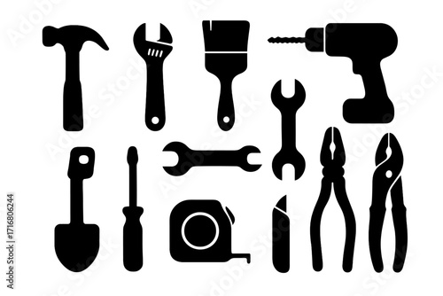 Silhouette icon set of essential construction and repair tools. Vector collection of hardware equipment for building, DIY projects, and workshop. Includes hammer, drill, wrench, and pliers.