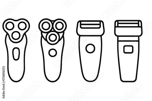 Electric shaver line icon set. Vector collection of various grooming razors. Black outline illustrations of rotary and foil shavers. Men's personal care, shaving, hygiene.
