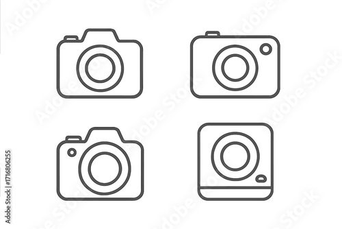 Camera line icon set. Photography equipment pictograms. Digital photo camera, DSLR, and mobile app symbols. Minimalist outline vector for website and graphic design.