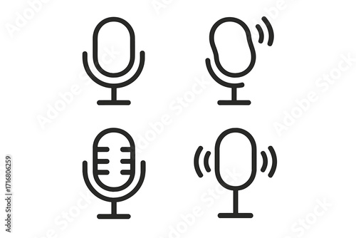 Minimalist microphone icon set for audio and podcasting. Linear mic symbols for broadcasting, voice recording, and studio use. Vector line art illustration for web and radio.
